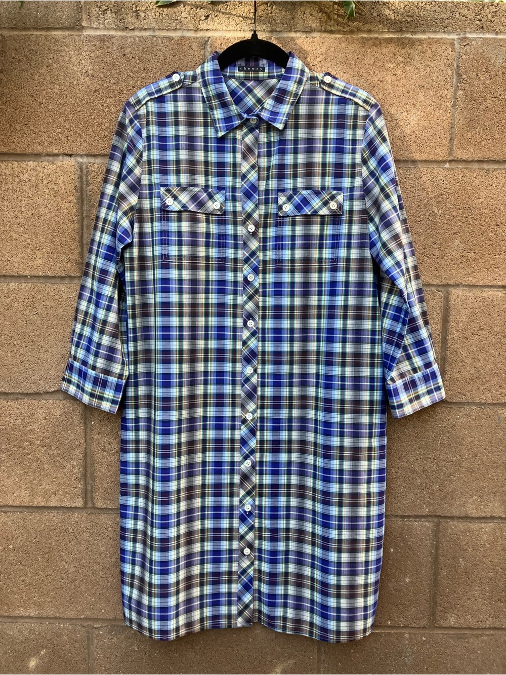 Theory Blue and White Plaid 3/4 Sleeve Mini Shirt Dress